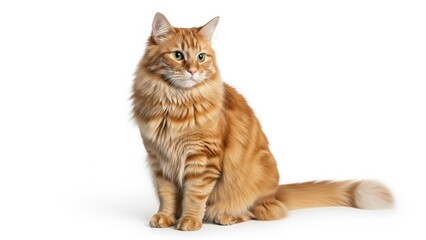 Obraz premium Majestic ginger long-haired tabby cat, with its rich orange fur and bushy tail, gracefully seated on a pristine white background, looking attentively to the side