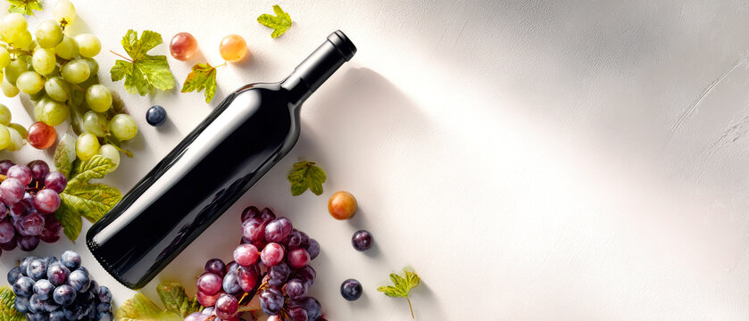 Arrangement of wine bottle, glass, and fresh grapes on a light background captures the essence of wine culture for shops and dining