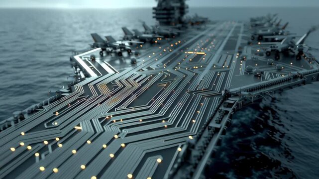 Aircraft carrier warship on ocean circuit technology future, digital microchip deck grid for naval defense command, rough sea horizon signaling war strategy, autonomous patrol power