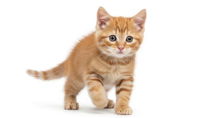 Obraz premium An adorable ginger tabby kitten with bright, curious eyes takes a playful step forward, isolated against a pristine white background, radiating innocence and charm