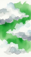Obraz premium Vibrant watercolor clouds drifting over a lush green landscape with a soft sky.