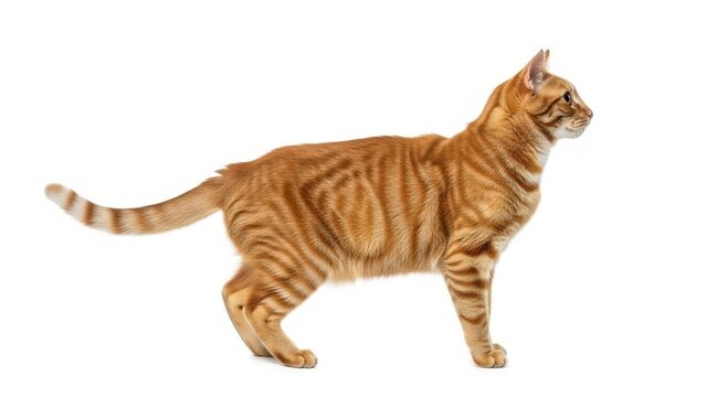 Graceful orange tabby cat with striking stripe patterns standing proudly in a studio setting, showcasing its beautiful fur and elegant profile against a pristine white background, ready for attention