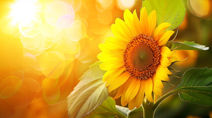 Obraz premium Vibrant sunflower blooming under warm sunlight with lush green leaves