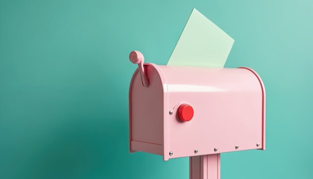 Pink mailbox holds green letter. Classic postbox design for mail delivery. Cute metal box with red button for communication. Simple, bright, and functional object for correspondence.