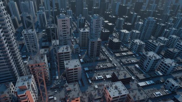 Aerial city crater explosion destruction apocalypse fire rubble sinkhole disaster, future war aftermath blazing fireball, ash cloud, ruined blocks, collapsed buildings, burning debris under dusk sky