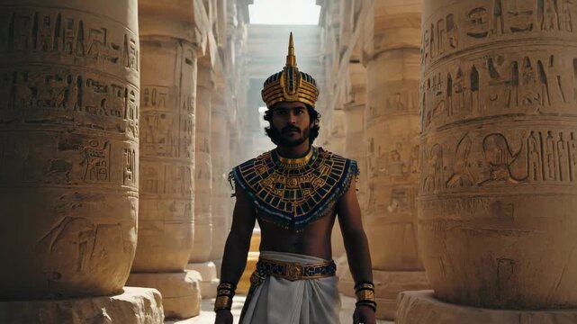 Walking through ancient Egyptian temple with detailed stone carvings and sunlight filtering through the structure