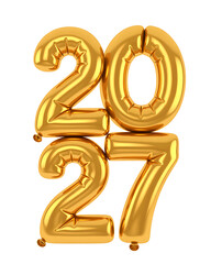 Obraz premium Sparkling Gold Foil Balloon 2027 Numbers in a Vertical Stack on White, Capturing Excitement for New Year's and Special Occasions