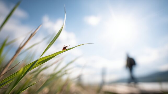 Tick on grass blade in natural environment with human silhouette in background