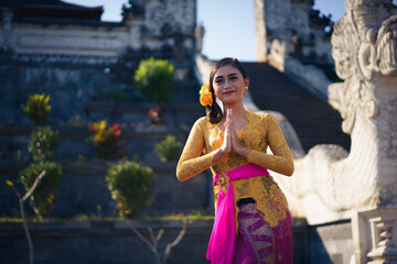 Balinese Woman at the Gate of Heaven Lempuyang Temple in Bali Indonesia
