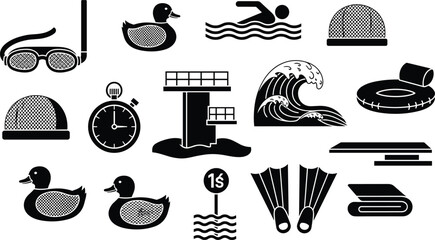 Swimming pool icons set with snorkel, goggles, ducks, diving board, wave, stopwatch, flippers, float, towel vector illustration collection © MDRAKIB