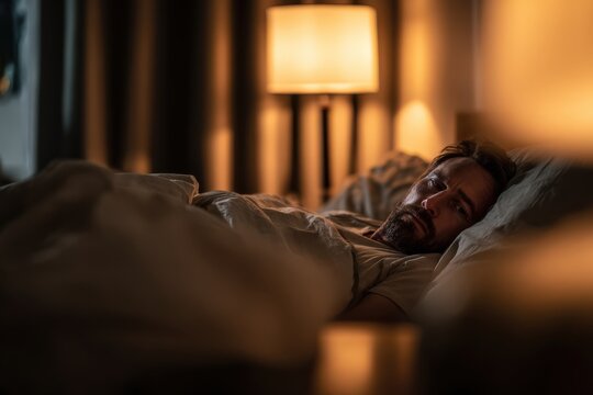 Man wakes up at three in the morning and checks the time while lying on the bed