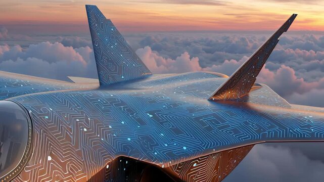 Fighter jet stealth aircraft with futuristic technology, circuit pattern skin, cockpit pilot flying at sunset above cloud layers, camouflage wing concept for future war defense