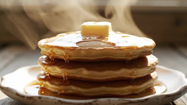 Delicious Stack of Hot Pancakes with Butter and Syrup.