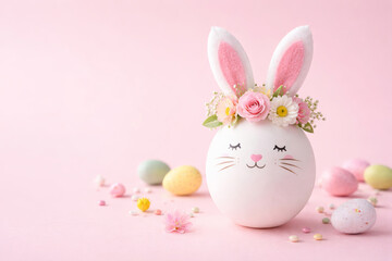 Obraz premium Easter egg decorated as a bunny with floral crown. Spring greeting card composition.