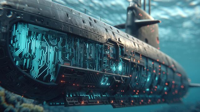 Submarine underwater futuristic technology circuit navy ocean stealth future war patrol gliding through deep sea haze, glowing digital hull patterns signal cyber defense readiness for silent mission