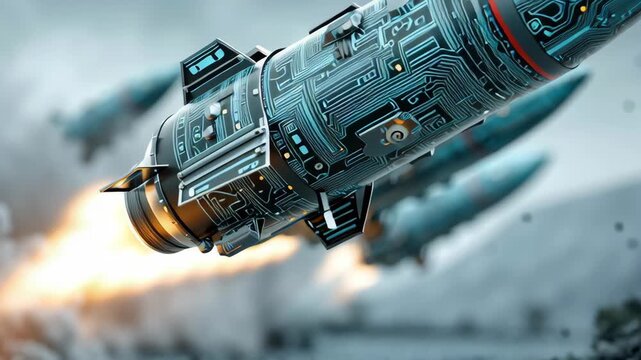 Futuristic missile rocket launch with circuit technology, warfare smoke sky over battlefield, multiple guided weapon flights through clouds, fire and flame, future war escalation, defense innovation