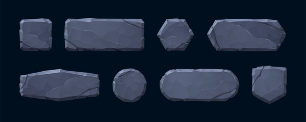 Stone game frame collection with rocky textures and medieval design elements. Cartoon UI buttons - ancient tablet shapes, fantasy plaques and borders for mobile RPG adventure interface panels.