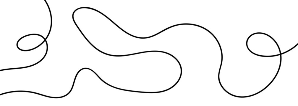 Continuous black squiggle line cable creating abstract wavy vector illustration pattern on white background. Curvy cable thread flowing horizontally with organic squiggle line loops and tangled curve.