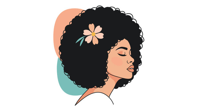 Beautiful portrait of a Black woman with a large natural afro hairstyle and a flower, depicted in a modern, elegant art style.