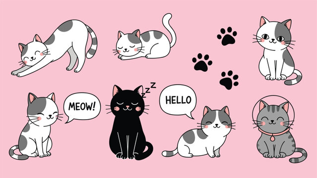 Adorable collection of cute cartoon cats and kittens in various poses, including paw prints and fun speech bubbles on a pink background.