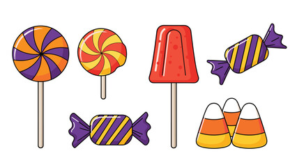 Colorful collection of classic Halloween candy including lollipops, candy corn, and wrapped sweets in orange, purple, and yellow.
