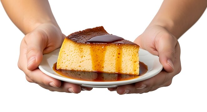 Hands holding Venezuelan quesillo dessert
