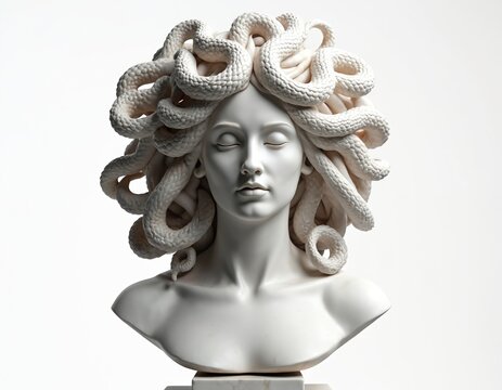 White marble sculpture of Medusa bust with snakes for hair. Classical ancient Greek mythical creature statue, intricate details show coiled serpents. Elegant stone carving, timeless beauty
