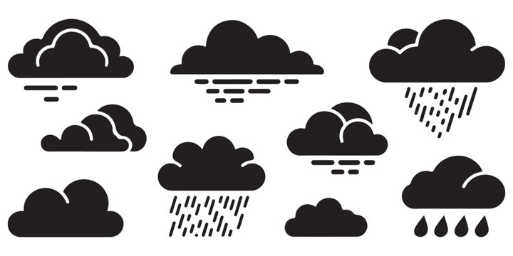 Cloud and rain vector icon set in solid style, featuring various weather forecast symbols for applications