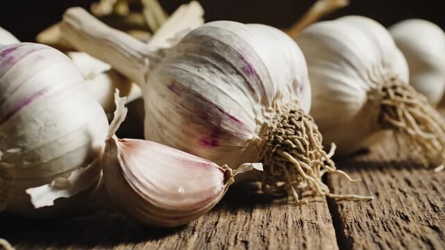 Extreme close-up macro shot of fresh garlic bulbs clustered together on a rustic wooden surface, papery white skins with subtle purple streaks visible in fine detail.