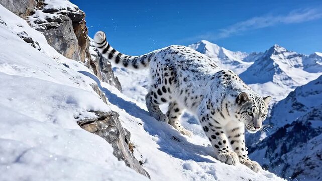 Snow leopard on snowy mountain