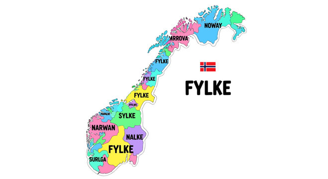 Detailed brightly colored map of Norway with named counties and national flag graphic