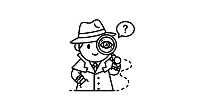 Detective cartoon character investigating with a magnifying glass and question mark
