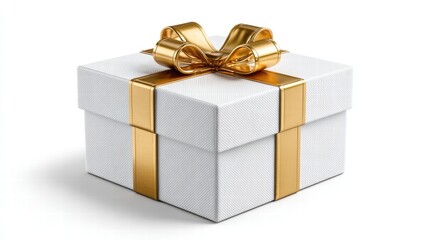 Obraz premium Elegant white gift box with a luxurious gold bow and ribbon.