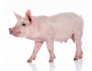 Pink, young piglet with a delicate appearance, captured on a white background, walking forward
