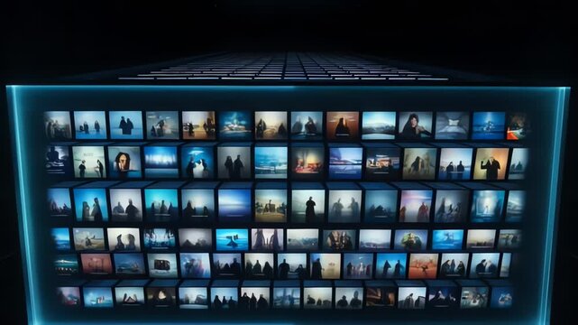 Streaming service interface displaying a grid of tv shows and movies on a modern digital screen