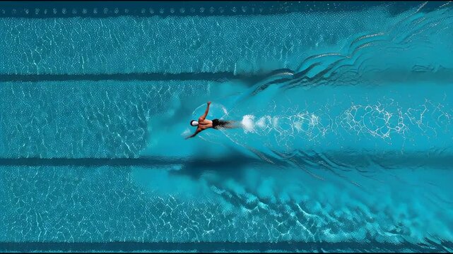 Aerial view of a swimmer in a pool, swimming freestyle in a lane.