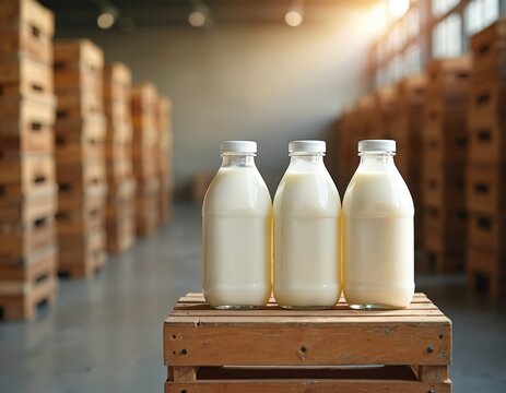 Three glass bottles with white milk sit on wooden crates. Stacks of more crates fill the background of this storage warehouse. Natural light streams in.