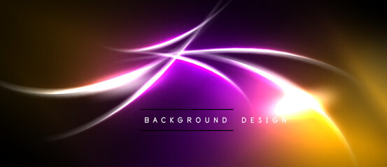 Abstract vibrant lines create dynamic energy. Purple, orange hues blend into black background. Modern design element. © antishock