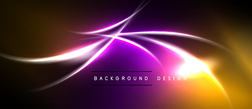 Abstract vibrant lines create dynamic energy. Purple, orange hues blend into black background. Modern design element.