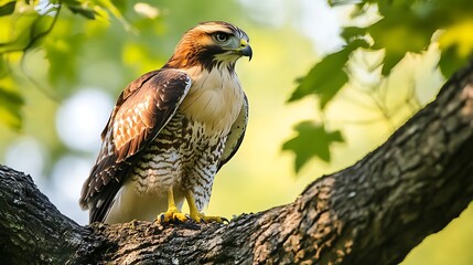 A majestic red-tailed hawk raptor with sharp eyes and powerful feathers perches on a wild tree branch, a predatory avian hunter surveying the nature and wildlife for its next prey