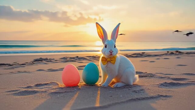 Cute rabbit sits on beach sand near colorful eggs during sunset with birds flying in the background