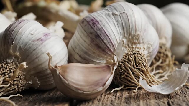Extreme close-up macro shot of fresh garlic bulbs clustered together on a rustic wooden surface, papery white skins with subtle purple streaks visible in fine detail