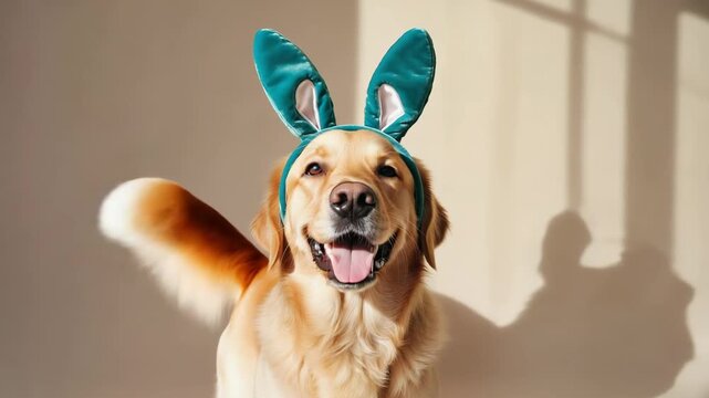 Happy dog in easter bunny ears enjoys a fun moment at home with its owner