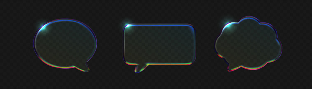 Set Transparent glass speech bubble with holographic gradient effects. 3D crystal chat icon featuring prismatic light dispersion on dark background for modern tech interfaces