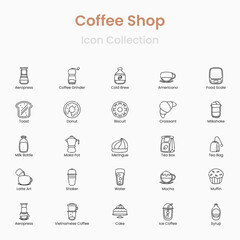 Coffee shop and cafe vector icons collection for beverage and barista concepts