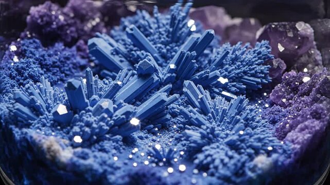 Intricate Blue Crystal Structures Growing in Saturated Mineral Solution