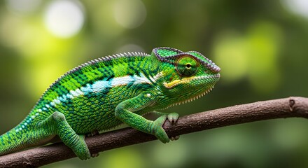 A vibrant green chameleon perched on a tree branch in a lush forest