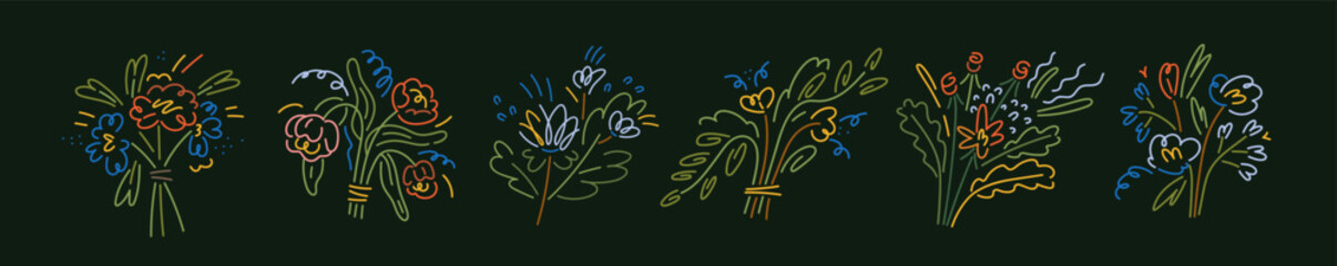 Plakat Modern minimalistic flowers drawings set. Trendy floral bunches, creative bouquets in line art style. Stylized simple spring plants of abstract shape. Isolated hand-drawn graphic vector illustrations