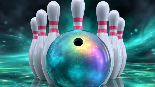 Colorful bowling ball rolls towards white pins with pink stripes on a vibrant background of swirling lights and reflections in a bowling alley setting