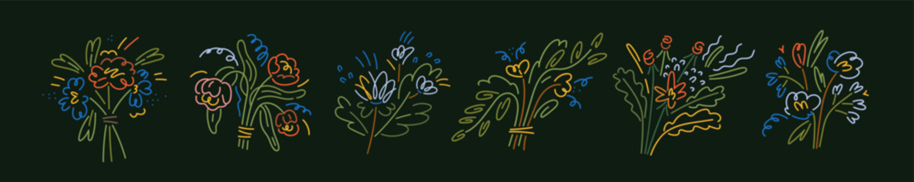 Modern minimalistic flowers drawings set. Trendy floral bunches, creative bouquets in line art style. Stylized simple spring plants of abstract shape. Isolated hand-drawn graphic vector illustrations